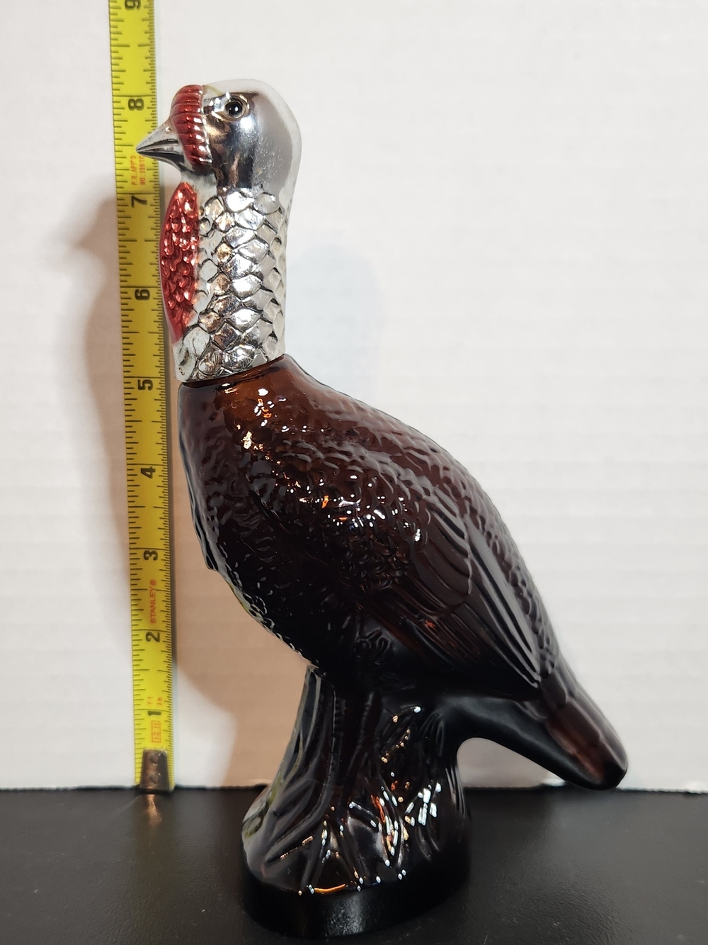 Avon Brown Glass Turkey Decanter with Silver and Red Accents